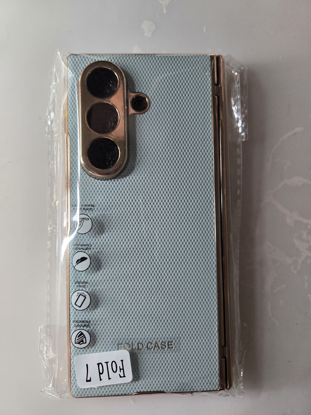 Samsung Fold 7 Light Baby Blue Case with Gold Accents